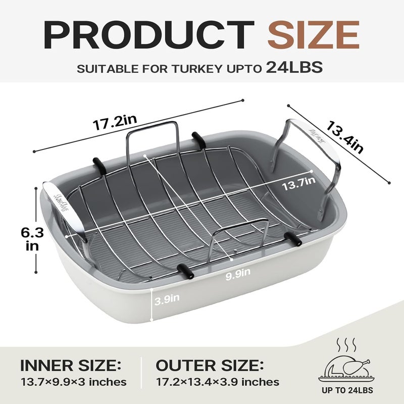 Slow Slog Nonstick Turkey Roasting Pan with Rack, 17 x 13 Inch Turkey Pan, large roaster pan for Meat & Vegetable, White - Image 4